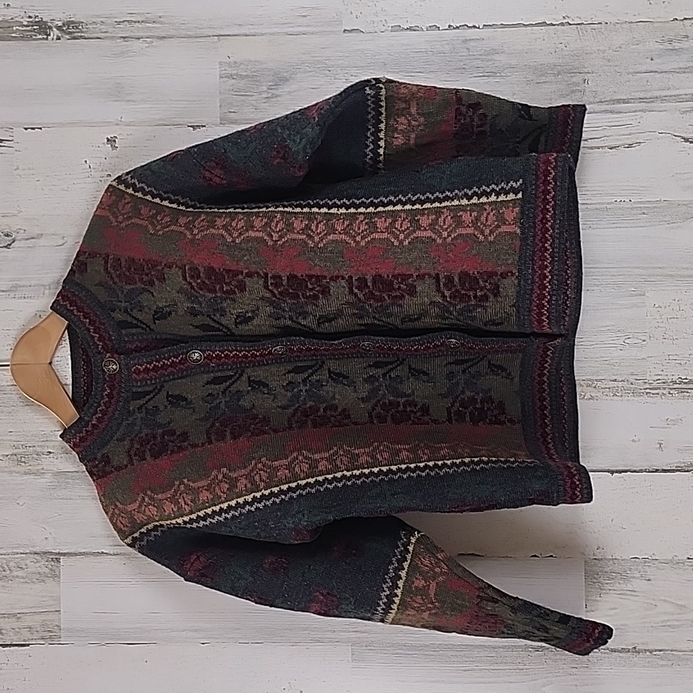 Cherry Louis wool blend green red button nordic floral cardigan sweater Size PL